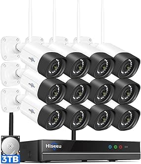 Hiseeu 5MP WiFi Security Camera System Outdoor,12Pcs 16CH NVR Camera Surveillance System,Color Night Vision, Spotlight& Siren Alarm,2-Way Audio,3TB HDD for 24/7 Recordings