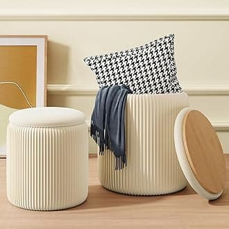 Beige Ottoman with Storage Set of 2, Upholstered Velvet Vanity Stool, Comfy Round Makeup Vanity Stools, Large Storage Ottoman Foot Rest, Pouf Seat for Living Room/Bedroom