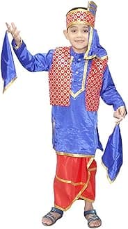 Kaku Fancy Dresses Polyester Indian State Punjabi Folk Dance Costume for Kids/Bhangda Gidda Dance Costume For Boys - Red & Blue, 7-8 Years