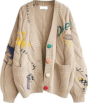 Women’s Cable Knit Cardigan, Long Sleeves, Open Front, V Neck, Button Placket, Embroidery, Wool Blend Pullover, Jacket, Outdoor Clothing