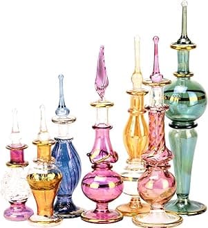 NileCart Egyptian Perfume Bottles Wholesale Mix Collection hand Blown Decorative Bottles 2-5 in with handmade golden Egyptian decoration for Perfumes & Essential Oils. (12)