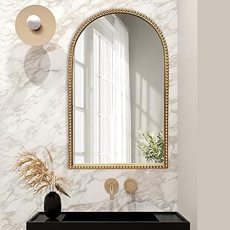 Traditional Wall Mirror Vintage Gold, 24" x 40" Tall Narrow Arch Antique Beaded Frame Decorative Accent Vanity Wall Decor, Arched Vertical Mirrors for Bathroom, Living Room, Entryway