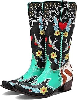 Womens Cowgirl Boots Knee High Wide Calf Pull On Floral Embroidered Swallow Chunky Low Heels Handmade Rivets Blue Black Green Patchwork