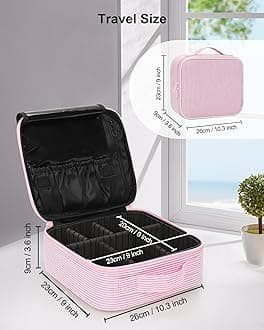 Relavel Travel Makeup Train Case, Portable Cosmetic Case Makeup Organizer, Professional Artist Storage Bag with Adjustable Dividers for Cosmetics Brushes, Birthday Gifts for Girls, Pink Stripe