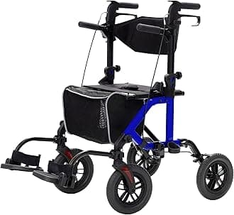 ELENKER All-Terrain 2 in 1 Rollator Walker & Transport Chair, Folding Wheelchair with 10” Non-Pneumatic Wheels for Seniors, Reversible Backrest & Detachable Footrests, Blue