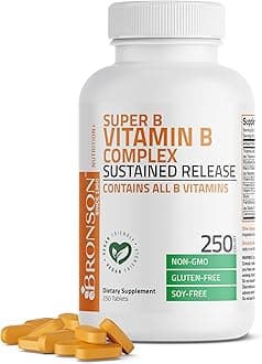 Bronson Super B Vitamin B Complex Sustained Slow Release (Vitamin B1, B2, B3, B6, B9 - Folic Acid, B12) Contains All B Vitamins 250 Tablets