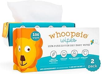 Whoopsie Wipes – The Original 100% Pure Cotton Dry Baby Wipes – Ultra Soft, Unscented, Chemical-Free Wipes for Sensitive Skin – Use Dry or Add Water for Wet Wipes – 2 Packs (200 Count).