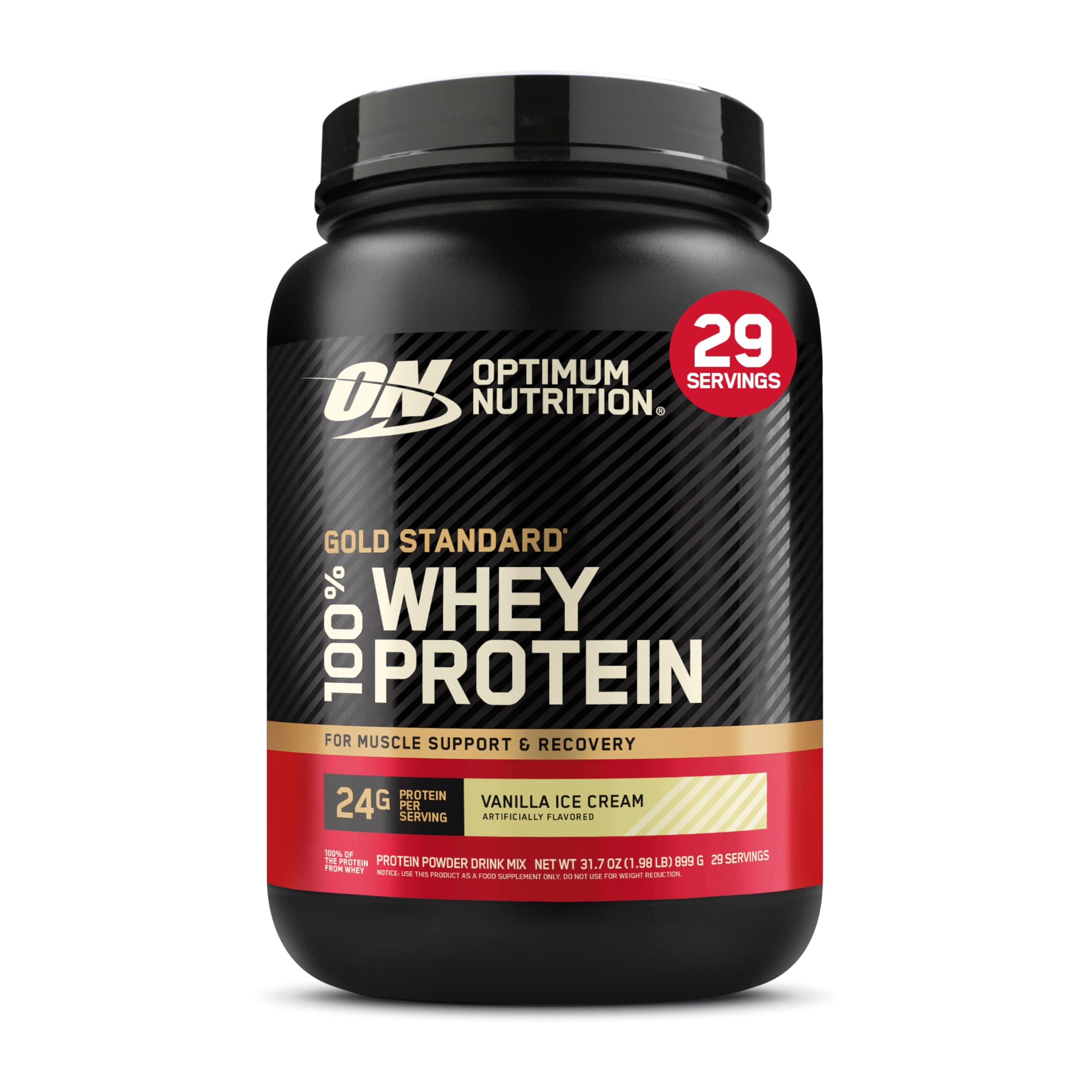 Optimum Nutrition (ON) Gold Standard 100% Whey Protein Powder Primary Source Isolate, 24 Grams of Protein for Muscle Support and Recovery - Vanilla Ice Cream, 2 Lbs, 29 Servings (899 Grams)