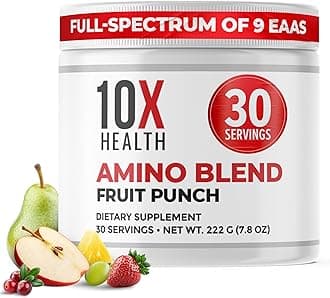 10X Health Amino Acids - 30 Servings of EAA & BCAA Powder, Pre Workout BCAA with Essential Amino Acids Supplement - BCAAs & EAAs for Longevity, Muscle Support, Strength, Energy - Fruit Punch