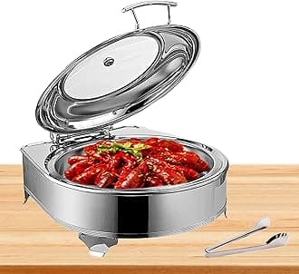Stainless Steel Chafing Dish, Food Warmer Buffet Server with PC Transparent Lid, Electric Chafing Dishes Food Warmers, 6L, Round, Adjustable Temperature