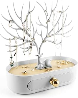 MORE&LESS Antlers Jewelry Display Stand with Aluminium alloy handle, Tree Tower Rack Hanging Organizer for Ring Earrings Necklace Bracelet, Deer Horn Tree Stand with Storage Drawer and Tray