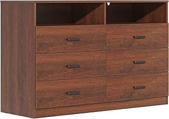 Bigbiglife 6 Drawers Dresser for Bedroom Wooden Dresser with Open Storage Cubby, Double Wide Dresser Organizer for Bedroom, Living Room, Entryway, Hallway (Walnut Brown)
