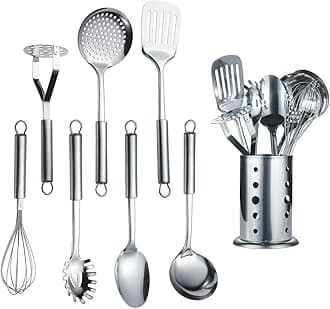 Berglander Stainless Steel Kitchen Utensil 7 Piece with 1 Stand, Slotted Tuner, Ladle, Skimmer, Serving Spoon, Pasta Server,Potato Maseher, Egg Whisk. Kitchen Tool Set. Kitchenware with Holder.