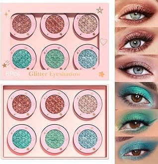 evpct6 Colors Glitter Shimmer Shiny Metallic Eye Shadow Makeup Palette Highly Pigmented Waterproof Bronzer Brown Rose Gold Light green blue Cyan Glitter Shimmer Sparkling Sparkle Eyeshadow for Girl 2
