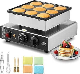 VEVOR Dutch Pancake Maker, 9PCS 76mm Diameter Dorayaki Baker Machine, 850W Commercial Electric Poffertjes Grill, Non-stick Stainless Steel, Temp & Time Control, for Home Kitchen Restaurant Snack Bar