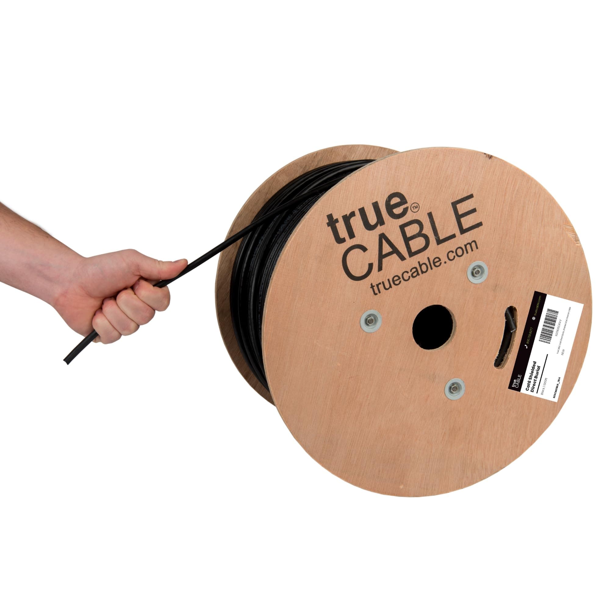 TRUE CABLE Cat6 Direct Burial Outdoor Bulk Ethernet Cable, Shielded F/UTP, 1000ft, Black, 23AWG Solid Bare Copper, Heavy Duty Outdoor, OSP Jacket, Waterproof, UV, 550MHz, PoE++ 100W (4PPoE)