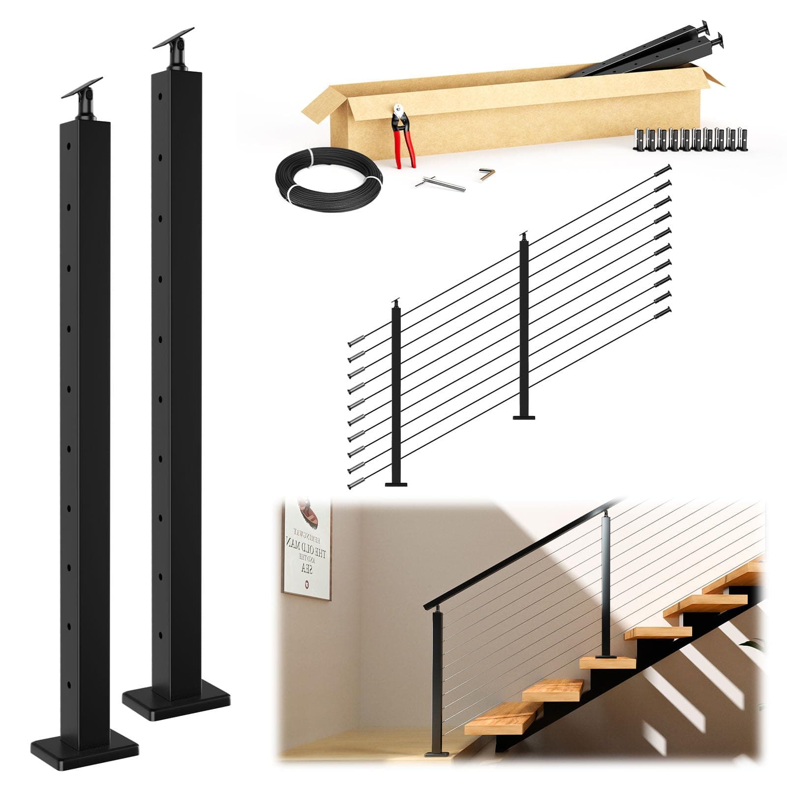 Muzata 5-10FT Modular Black Cable Railing Kit 36 Inch 2 Stair Post Kit Complete Set Cable Railing System for Stairs Length Adjustable Easy DIY with Paper User Guide (No Handrail) RWS1 BA4S