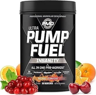 PMD Sports Ultra Pump Fuel Insanity - Pre Workout Drink Mix for Energy, Strength, Endurance, Muscle Pumps and Recovery - Complex Carbohydrates and Amino Energy - Miami Sunrise (30 Servings)