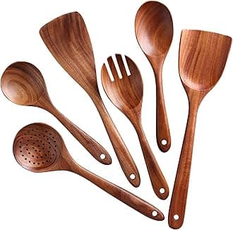 Wooden Utensil Set 6Pcs Wooden Spoons for Cooking, Natural Teak Wood, Non-Stick, Smooth Finish, Easy to Clean, Comfort Grip, Kitchen Wooden Cooking Utensils Set
