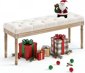 - LUE BONA 44" Bedroom Bench, Fabric End of Bed Bench, Upholstered French Tufted Ottoman Bench with Carved Wood Legs for Bedroom End of Double Full Queen Size Bed, Living Room, Beige