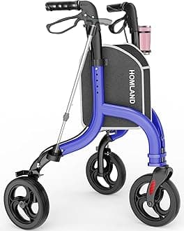 HOMLAND 3 Wheel Walkers for Seniors, FSA/HSA Eligible Foldable Wheeled Rollator with Cane Hold and Cup Hold, Lightweight Three Wheel Rolling Walker Height Adjustable for Seniors