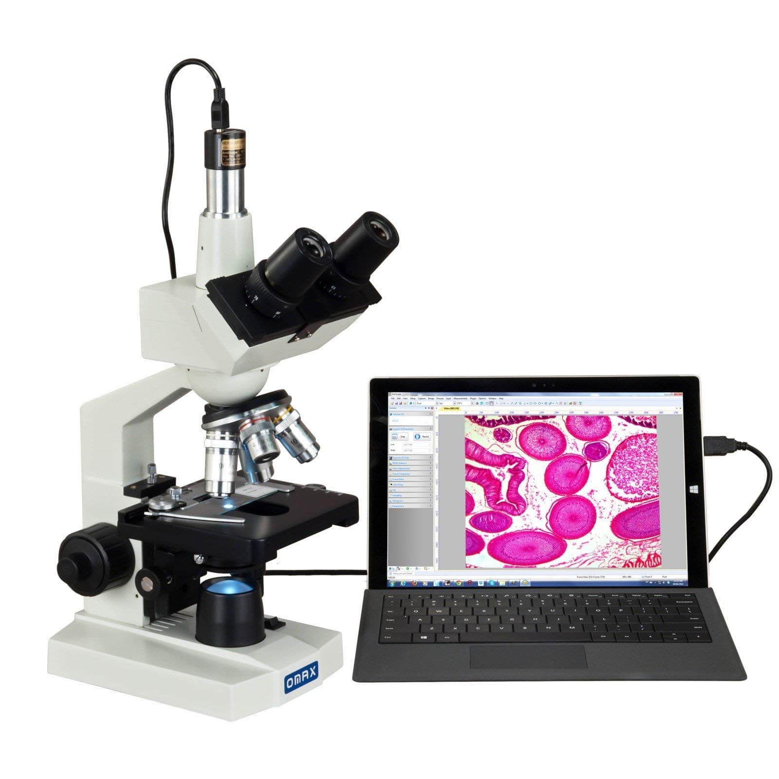 OMAX M83EZ-C02 Digital Lab Trinocular Compound LED Microscope - 40X-2500X Magnification - Features USB Digital Camera & Double Layer Mechanical Stage