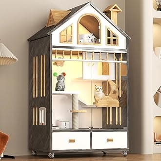 Large Cat House Indoor Cage Cats Enclosure on Wheels,Wooden Cat House Large Space with Scratching Post, Multi-Feature Enclosed Cat Condo with Cat Litter Box Drawer for Indoor Cats,63" X 35" X 24"