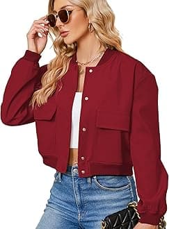 Zando Bomber Jacket Women 2026 - Short Cropped Jacket Women Button Down Long Sleeve Casual Varsity Jackets with Pockets