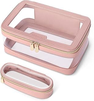 Travel Clear Makeup Bag with Makeup Brush Bag, Leather Makeup Case Toiletry Bag, Portable Cosmetic Bag Case, Transparent Waterproof Cosmetic Organizer Storage Bag for Women, Pink, L,