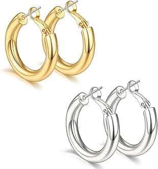 sovesi Chunky Gold Hoop Earrings for Women with 925 Sterling Silver Post, 14K Gold Plated Small Thick Gold Hoops Earrings for Women, 30MM, Brass, high polish