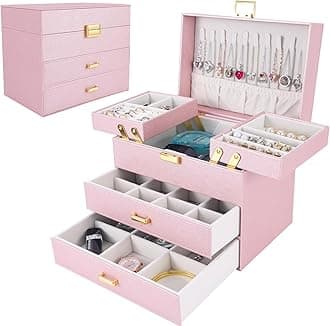 Dajasan Jewelry Boxes for Women Girls, Jewelry Storage Organizer, 4 Layers Large Jewelry Organizer Box with 2 Drawers for Friends, Wife or Mother Gift (Pink)