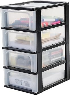Iris Ohyama Plastic Storage Drawers Unit, 4 Deep Drawers, Black, Easy-Pull Drawers, A4, A5 & A6 Format, File Organiser, For Office, School, Stationary, BPA Free, Chest, Tower, OCH-2004