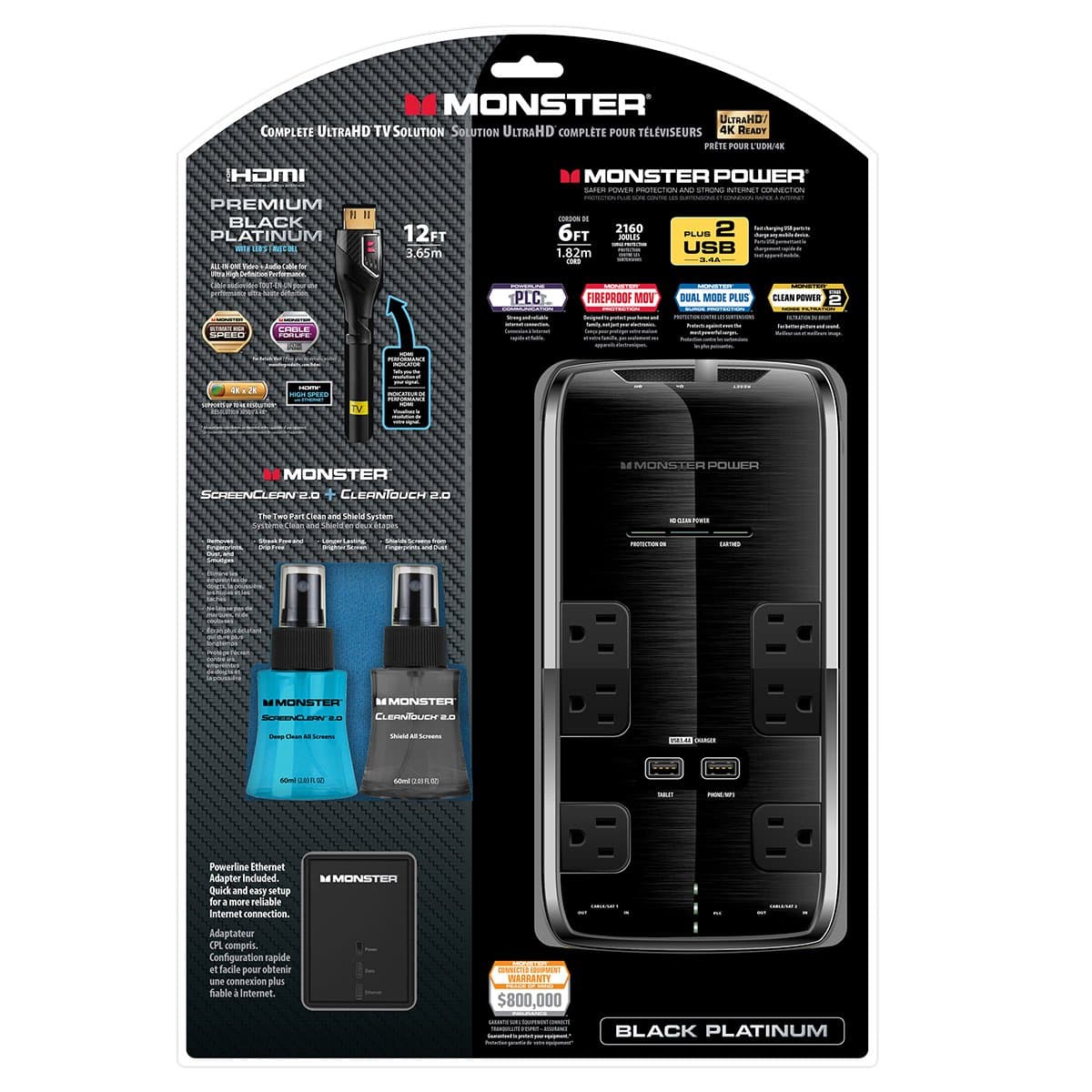 Monster Cable Complete UltraHD TV Solution - with Power Black Platinum 600 Surge Protector and 12' Premium Black Platinum HDMI Cable, Includes Powerline Ethernet Adapter and Screen Clean Fluid