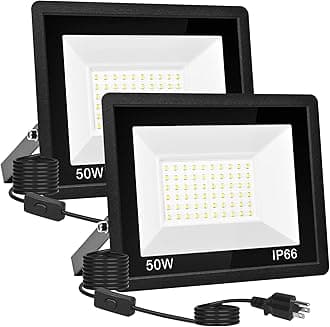 2 Pack 50W Led Flood Light Outdoor, 5000LM Super Bright Outside Work Light with Plug,IP66 Waterproof Security Lights, 5000K Daylight White Floodlights Outdoor for Garden Yard Playground Court