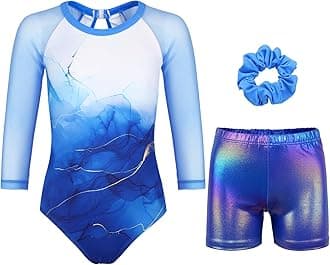 JOYSTREAMGirls Sparkly Ballet Dance Long Mesh Sleeve Leotard with Shorts