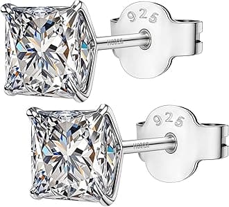 925 Silver Square Solitaire Stud Earrings | 92.5 Sterling Silver & Square Brilliant Cubic Zirconia Tops for Men Women Boys & Girls