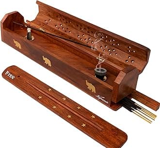 SIGNAMIO® 2pcs Wooden Sambrani Agarbatti Incense Stand with Extra Ash Catcher Agarbatti Incense Stick Holder for Pooja Item Handcrafted Traditional Design for Dhoop Cup Cone Home/Office/Temple-DN-2