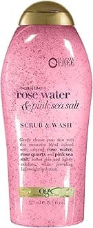 OGX Sensitive + Rose Water & Pink Sea Salt Exfoliating Body Scrub + Rose Quartz, Gentle Exfoliating Daily Body Wash Softens Skin, Body Scrub for Women, Sulfate-Free Surfactants, 19.5 fl oz