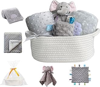 CREVENT Baby Welcome Gift Set Storage Basket with 2 Blankets+ 1 Security Blanket + 1 Taggie + 1 Gift Bag with Ribbon (Grey)