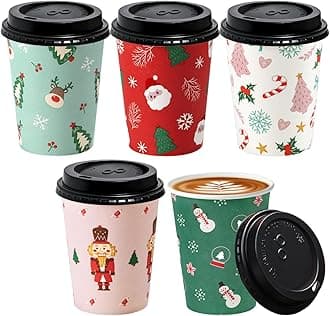 50 Pack 8 oz Christmas Disposable Coffee Cups with Lids, Premium To Go Paper Cups, Leak Proof Hot Coffee Cups with Lids for Travel, Office, Hot/Cold Beverages (Black Lids)