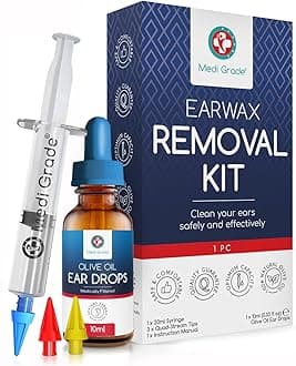 Medi Grade Ear Wax Removal Kit with Olive Oil Ear Drops, 10ml - The Original Ear Syringe Kit with Ear Wax Removal Drops for Softening and Safely Removing Earwax - Gentle Ear Cleaner Ear Wax Remover