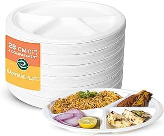 ECO SOUL [11 inch, 100 Pack, 4-Compartment Disposable Bagasse Plates | Eco-Friendly Holi Party, Biodegradable, Sugarcane Paper Plates | for Serving Dinner | Birthday, Wedding | Round, White (28 cm)