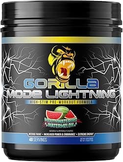Gorilla Mode Lightning Pre-Workout - Extreme Energy · Laser Focus · Powerful Pumps · Peak Performance - 550mg Caffeine, 13500mg L-Tyrosine, Alpha-GPC– 772g (Mouthwatering Watermelon)