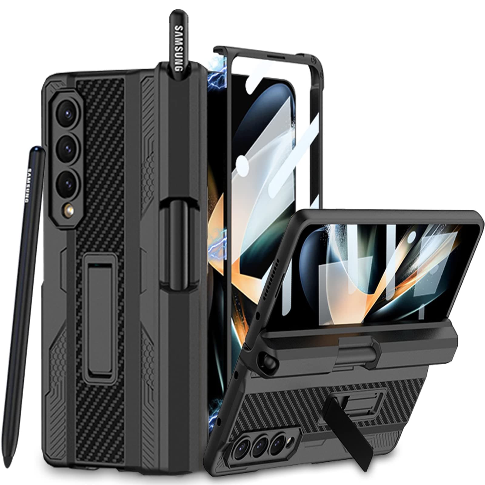 for Samsung Z Fold 4 Case with S Pen Fold Edition,Hinges Protect The Built-in Pen Holder,with Screen Protector and Stand,Military Drop Protection Case for Galaxy Z Fold 4 (Black with Pen)