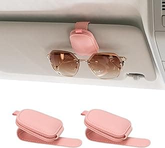 Yuoyar Sunglass Holder for Car, Magnetic Leather Sunglasses Holder and Ticket Card Clip, Car Visor Accessories, 2 Packs (Pink)