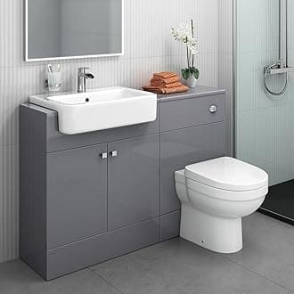 – iBathUK Harper 1160 Combination Vanity Unit Furniture Set, Wash Basin Bathroom Sink, WC, BTW Toilet Pan, D Soft Close Seat with Concealed Cistern-Gloss Grey(Flat Pack)