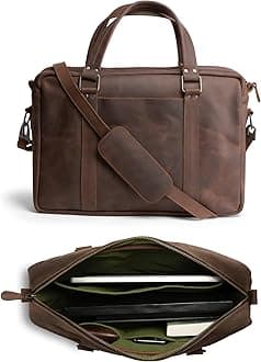 Leather Briefcase for Men with Shoulder Strap, Crossbody Laptop Bag, Computer Brief Case for Work, Messenger Bags, Satchel