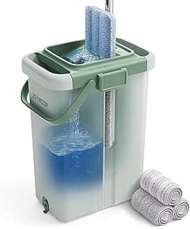 JOYMOOP Mop and Bucket Set - Mops for Floor Cleaning & Wall Cleaner with Long Handle, Include 3 Microfiber Mop Pads - Green Bucket (X-Large)