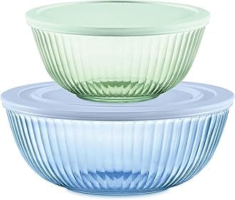 Colors (2-Pack) Sculpted Tinted Medium/Large Glass Mixing Bowls With Plastic Lids, Nesting Space Saving Set of Bowls For Prepping and Baking, 2.3QT & 4.5QT