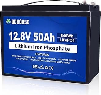 DCHOUSE 12V 50Ah Lithium LiFePO4 Battery, Built-in BMS, 10 Year Life, More Than 3000 Cycles, Perfect for Boat, Marine, Trolling Motor, Camping, Solar/Wind Power, Motorhome, Fish Finder